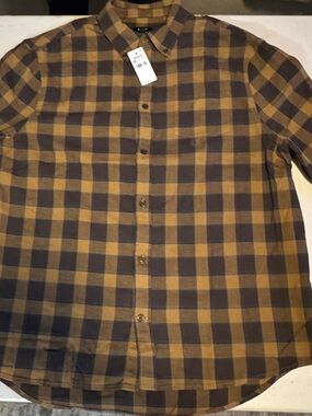 Express Men's Plaid Flannel Button-Down Shirt - Mustard & Brown